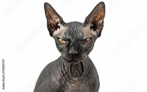 Close-up portrait of a Sphynx cat with large ears  green eyes  and wrinkled skin against a white background.