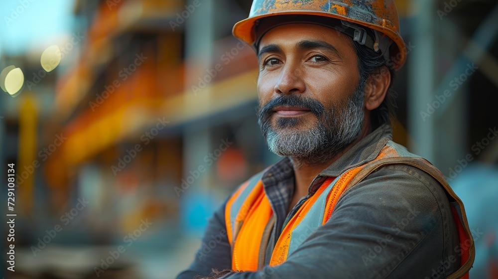 An Indian construction site manager with folded arms, wearing safety vest and helmet, thinking at work. Portrait of mixed race manual laborer or architect with satisfaction.