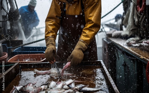 A worker on a ship, donned in an yellow apron and mittens, skillfully cuts fish, preparing it for the market.