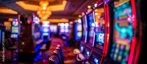 Blurry casino interior with row of slot machines, abstracting game of chance. photo