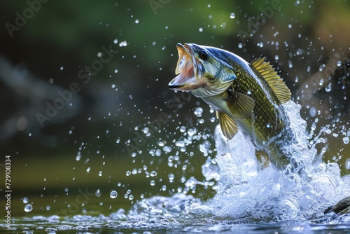Largemouth bass jumping out of the water photo