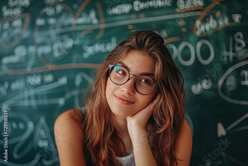 Portrait of modern young girl in glasses mathematic teacher or student at school. Close up.