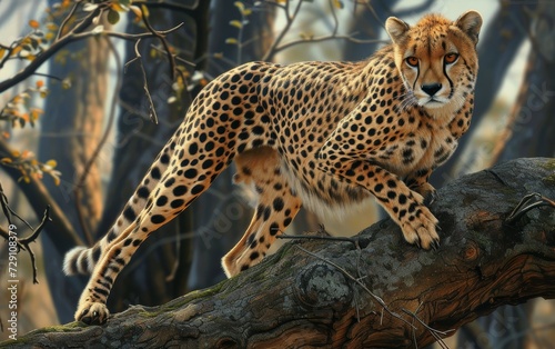 A cheetah perches on a tree branch  surveying the vast savannah landscape with keen eyes.