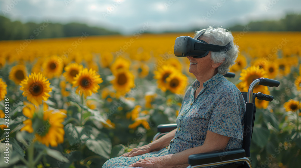 Fototapeta premium VRで花畑を楽しむおばあさん