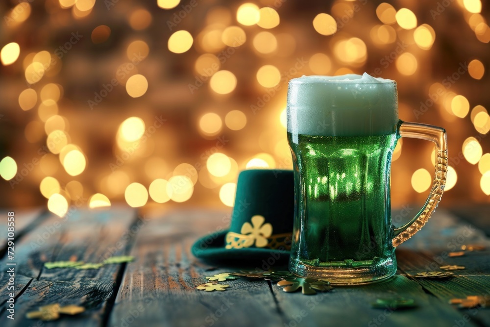 Patrick Day green beer and green hat on blurred leprechaun background. Festive traditional beverage.