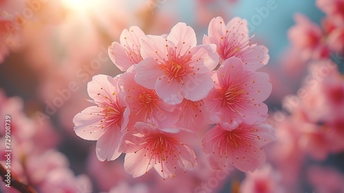 A selective focus of pink Cherry blossom branches on a tree under a blue sky, Sakura flowers in the spring time, Flora pattern texture, Natural floral background.
