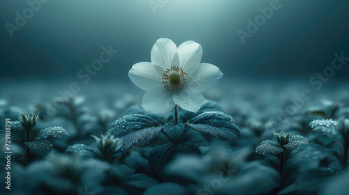 Windflower. A flower with white petals and a large yellow center. Dark blue background.