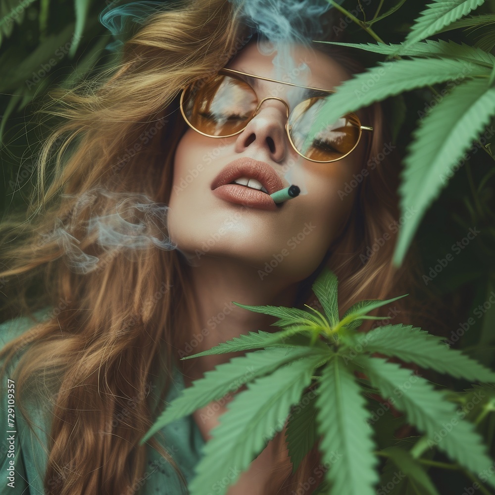 A beautiful woman with cigarette surrounded by green cannabis leaves blows smoke from his mouth, exuding natural vibe. A beautiful woman with cigarette surrounded by green cannabis leaves blows smoke from his mouth, exuding natural vibe.