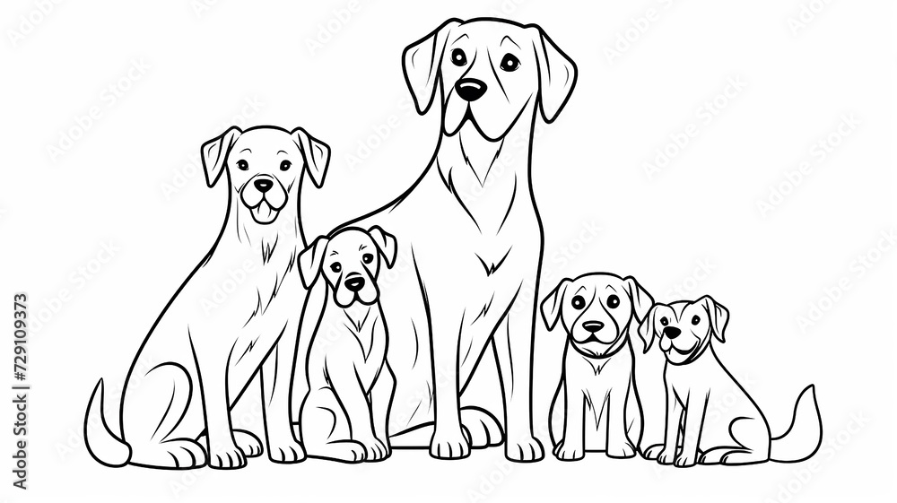 cartoon dogs sitting in a row isolated on a white background, sketch black and white style thin outline, layout for children's coloring book cartoon dogs sitting in a row isolated on a white background, sketch black and white style thin outline, layout for children's coloring book