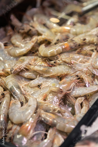Fresh raw shrimps at the market for sell.