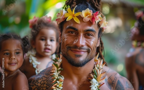 Authentic portrait of a bare-chested Tahitian man, with his family, showcasing their strong bond and rich cultural heritage.