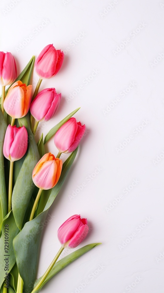 Fototapeta premium Beautiful tulips for Mother's Day on a light background, top view