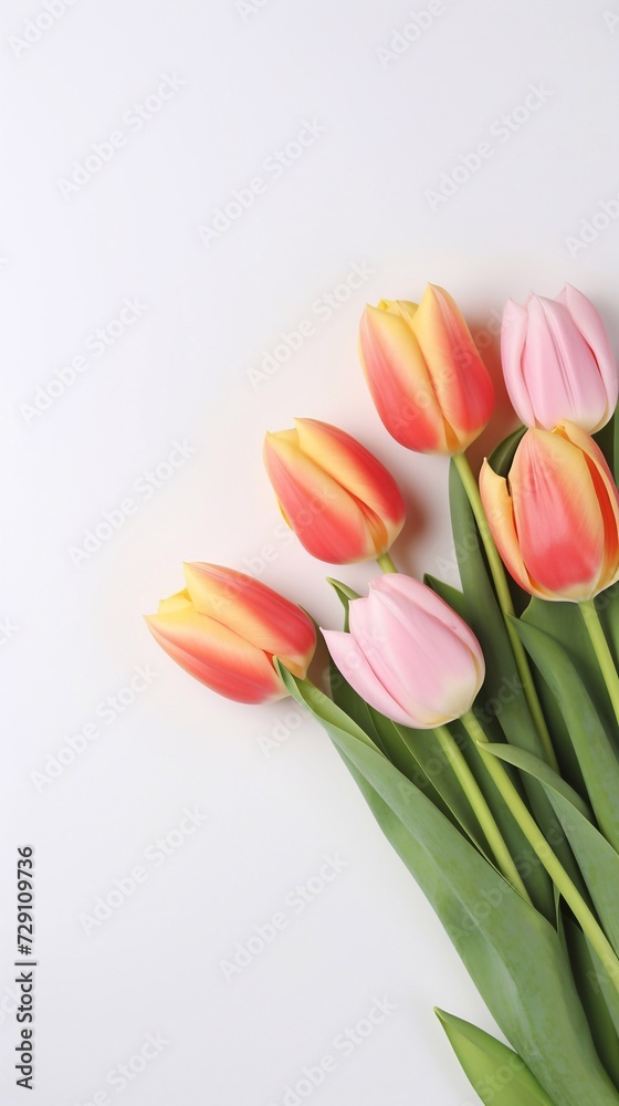 Beautiful multi-colored tulips for mother's day on a light background, top view