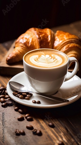 Cup of cappuccino coffee with croissant on wooden table 