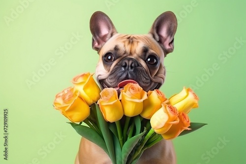 Dog holding a bouquet of tulips in his teeth on a light green background Spring card for Valentine © Ирина Курмаева