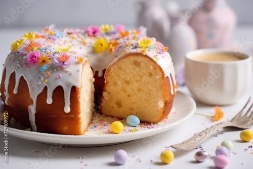 Easter composition Traditional Ukrainian Easter cake Kulich with sugar glaze and colored sugar