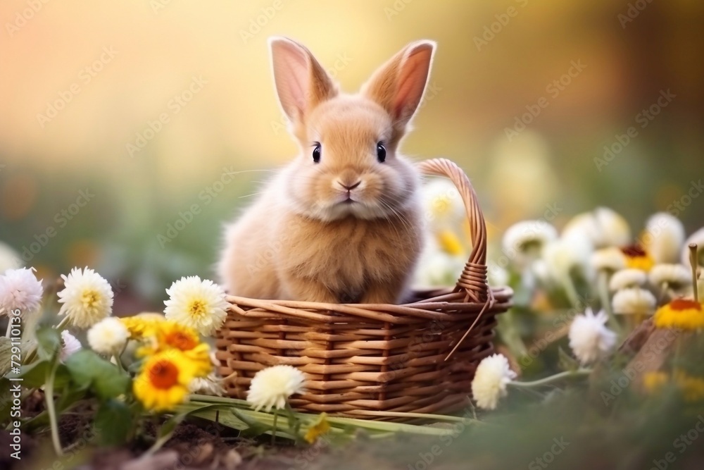 Lovely bunny easter fluffy baby rabbit with a basket full of colorful flowers and easter eggs Lovely bunny easter fluffy baby rabbit with a basket full of colorful flowers and easter eggs