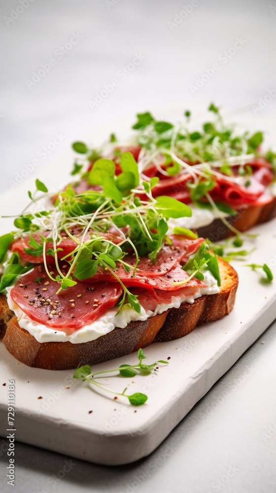 Sandwich toast with cream cheese sliced salami sausage microgreen on white cutting board Snack