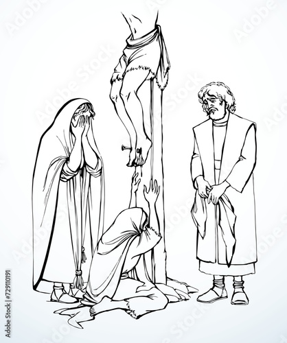 Vector drawing. Woman crying at the foot of the cross