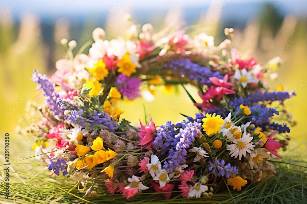 wreath of Meadow flower in summer garden natural sunny background