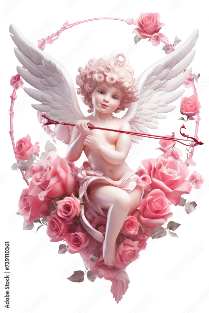 Illustration of Angel cupid with bow and arrow sit on roses isolated on white background, Valentine day concept