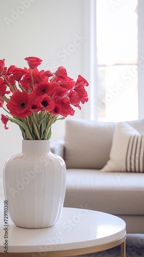  vase of red flowers in a modern white living room