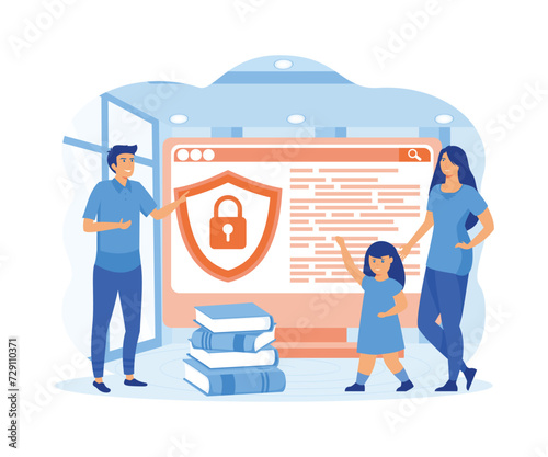Parental control software. Dad and mom block prohibited or inappropriate content on social media. flat vector modern illustration 