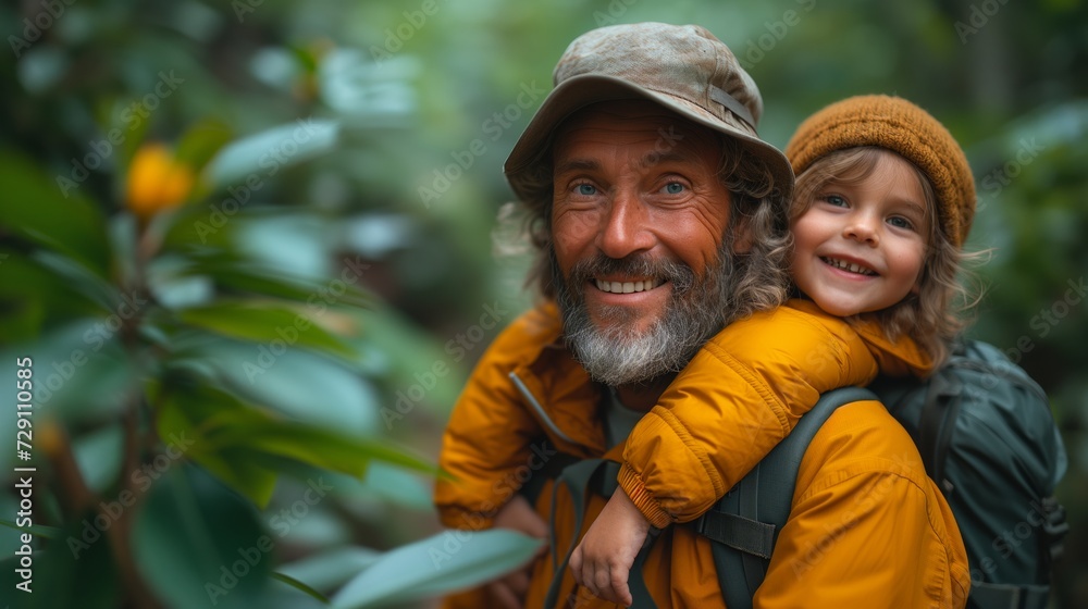 Fototapeta premium a father and child on a hiking adventure in a lush green forest. They're wearing casual outdoor gear and backpacks