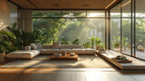 Sun-soaked living area with floor-to-ceiling windows, a minimalist sofa, and natural materials. 