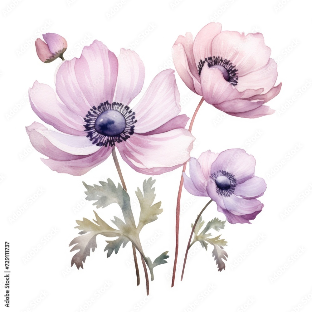 Fototapeta premium Anemone flower watercolor illustration. Floral blooming blossom painting on white background