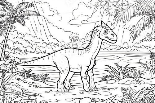 Parasaurolophus Dinosaur Black White Linear Doodles Line Art Coloring Page, Kids Coloring Book