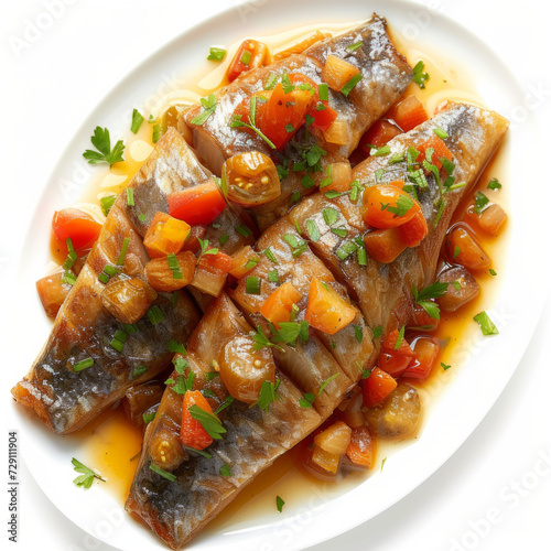 Baked fish with tomato and vegetable sauce, decorated with fresh parsley, top view, on a white background, food photo