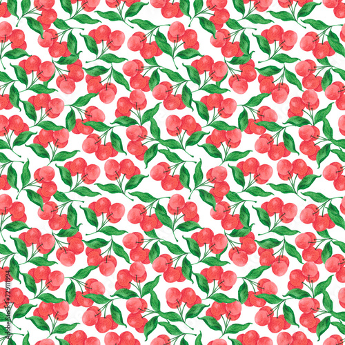 Hand drawn watercolor cherry seamless pattern isolated on white background. Can be used for textile, fabric, wrapping and other printed products.