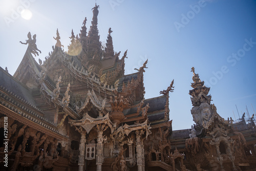 Sanctuary of Truth wooden temple in Pattaya Thailand is a gigantic wood construction located at the cape of Naklua Pattaya City. Sanctuary of Truth temple.  © dtatiana