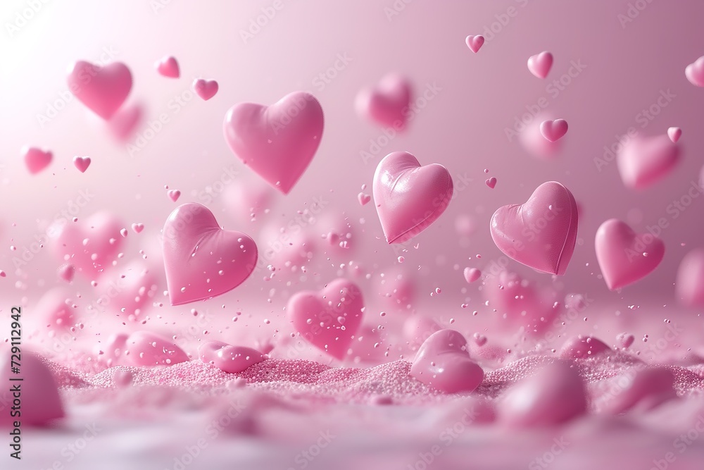 Glossy Pink Hearts Floating on Pastel Background Glossy Pink Hearts Floating on Pastel Background