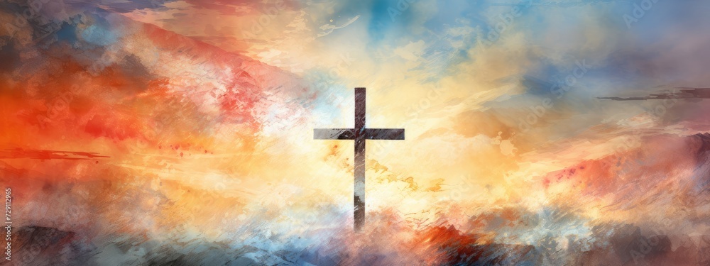 Divine Christian Cross Against a Pastel Impressionist Sky - Generative AI Divine Christian Cross Against a Pastel Impressionist Sky - Generative AI
