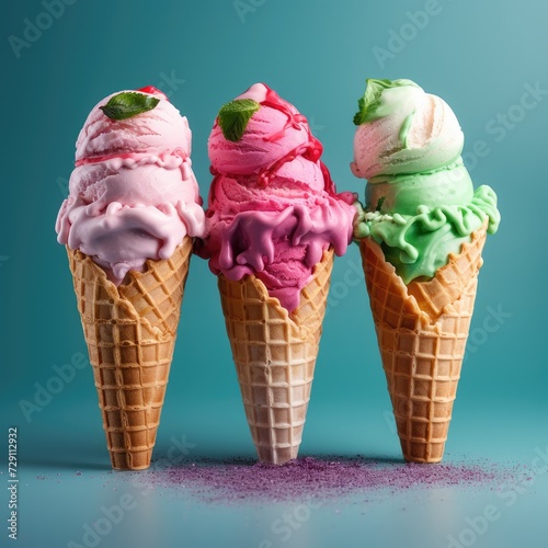 Melting Ice Cream Cones: Strawberry, Mint, & Chocolate Drizzle - Generative AI