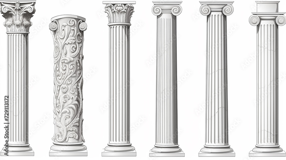 ancient marble columns set collection of isolated architectural elements on a white background - obrazy, fototapety, plakaty 