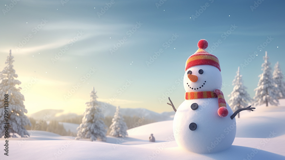greeting card with a snowman, merry christmas and happy new year, light blurred background cartoon snowman in a snowfall, winter postcard