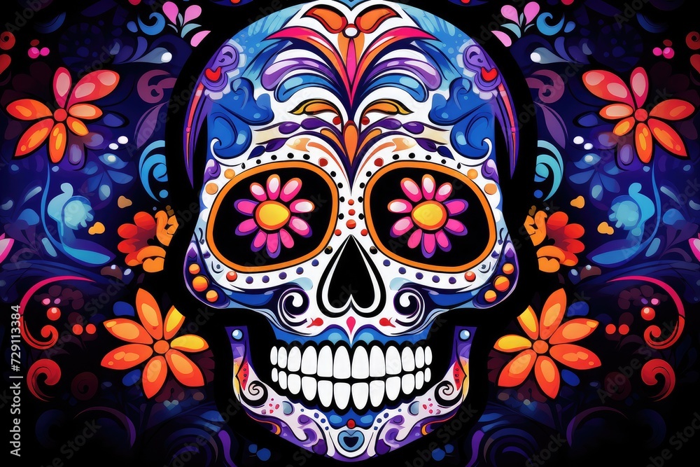 Vivid Spirit: A Colorful Celebration with Day of the Dead Sugar Skull - Generative AI