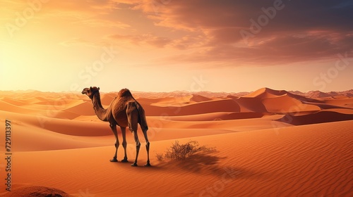 Desert Wanderer: A Lone Camel's Silhouette in the Majestic Dunes at Sunset - Generative AI © Gelpi