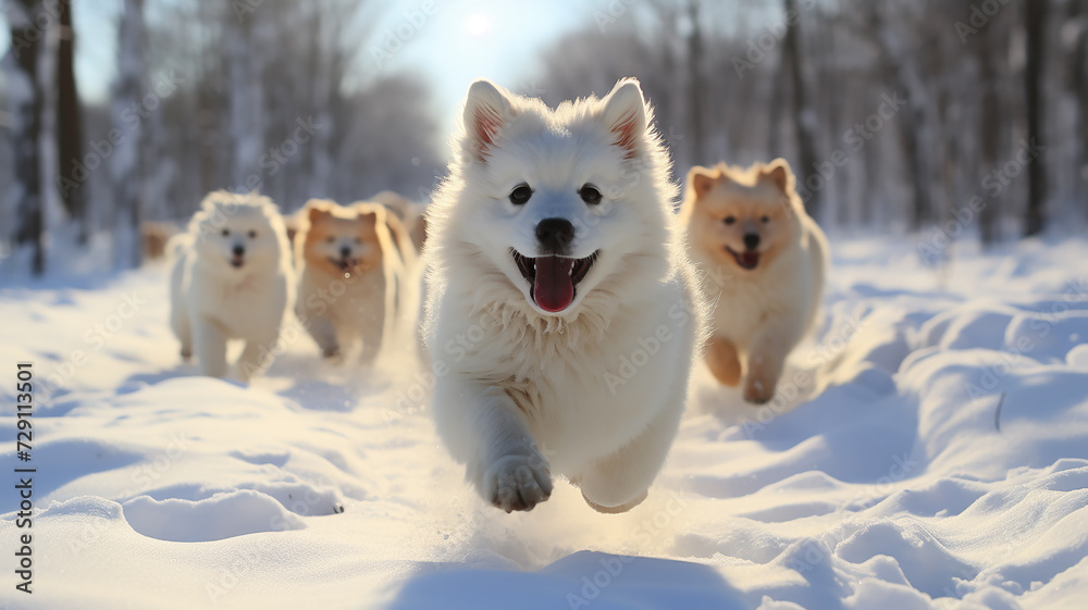 a group of cheerful dogs runs in dynamic poses through the winter fluffy snow on a frosty sunny day, fluffy pets, Christmas snowflakes a group of cheerful dogs runs in dynamic poses through the winter fluffy snow on a frosty sunny day, fluffy pets, Christmas snowflakes
