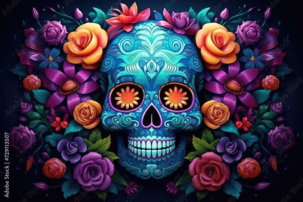 Floral Tribute: Enchanting Sugar Skull Surrounded by Vivid Blooms - Generative AI
