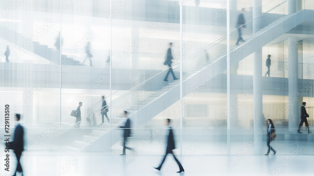 Obraz premium group of silhouettes of people blurred in motion on a white background of a business center, a corporate light background, a modern abstract interior of an office hall with a ladder