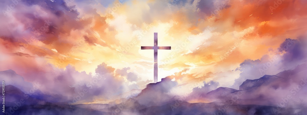 Fototapeta premium Heavenly Radiance: The Cross Stands Aglow Amidst a Surreal Sunset - Generative AI