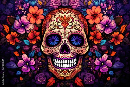 Floral Tribute: Enchanting Sugar Skull Surrounded by Vivid Blooms - Generative AI