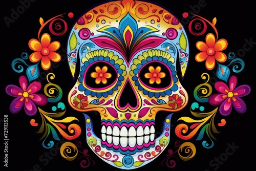 Floral Tribute: Enchanting Sugar Skull Surrounded by Vivid Blooms - Generative AI