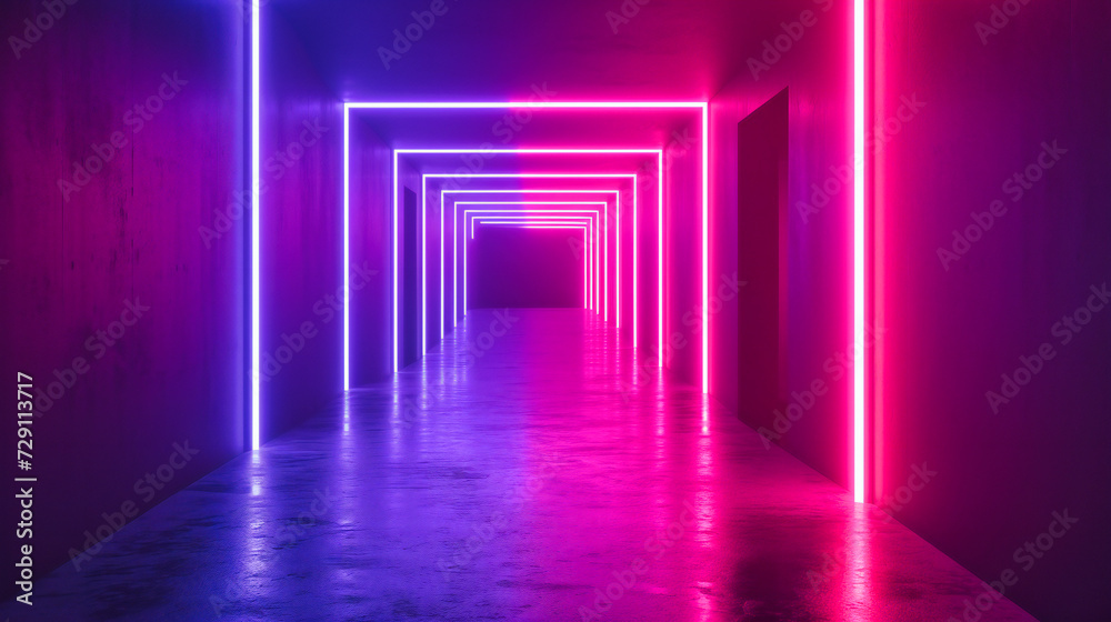 Neon-lit abstract space with glowing blue lights, creating a modern and futuristic atmosphere in a vibrant club or entertainment setting Neon-lit abstract space with glowing blue lights, creating a modern and futuristic atmosphere in a vibrant club or entertainment setting