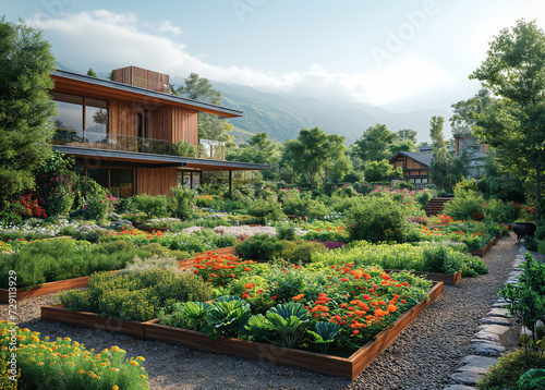 Wooden garden with flower beds and plants, landscape design concept.