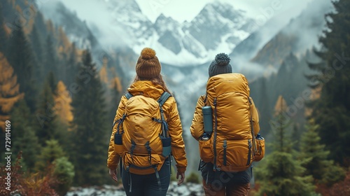 back view of two young people climbing a mountain